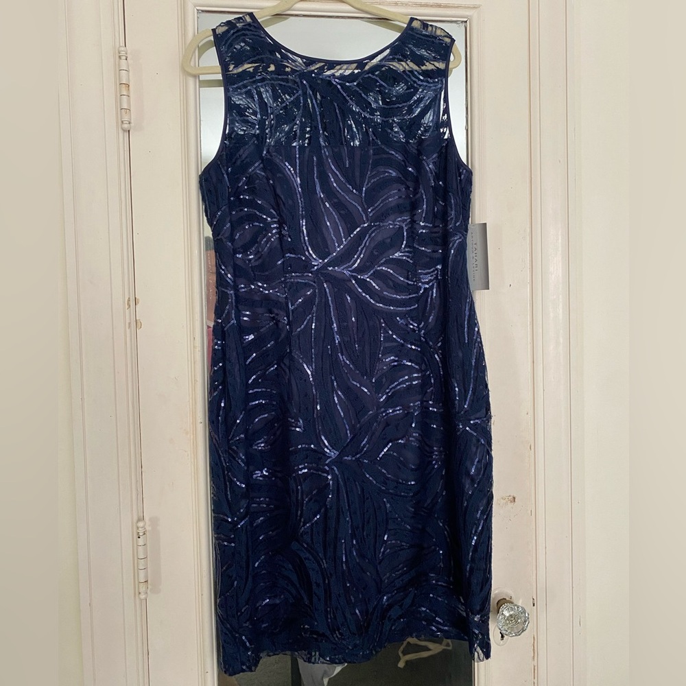 NWT Tahari Sequin Sleeveless Dress, Navy Blue, Size 14